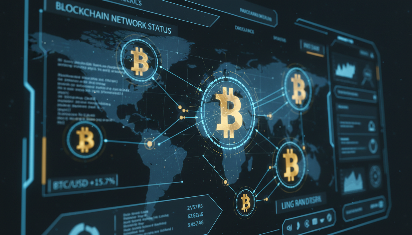 Digital representation of blockchain transaction verification and Bitcoin symbols