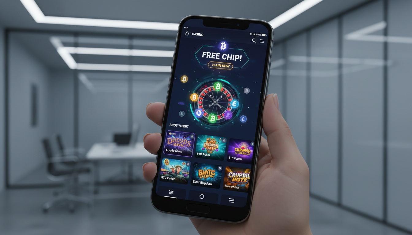 A high-end smartphone displaying a modern Bitcoin casino bonus interface