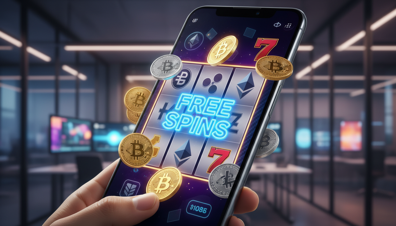 A high-tech digital display of a luxury crypto slot machine on a mobile phone with gold Bitcoin coins floating around